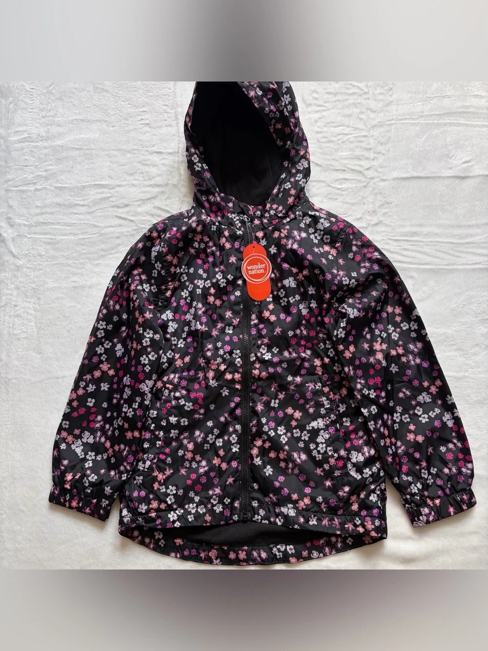 Girls Black Floral Windbreaker - NWT Full Zip Jacket With Hood & Pockets, Size 6